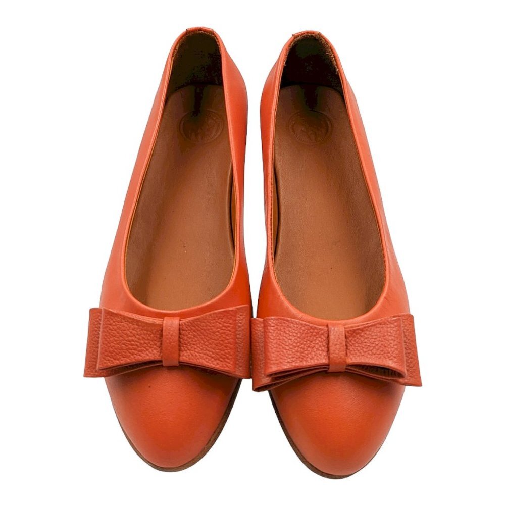 Two Pretty Handcrafted Leather Bow Ballet Flats – Tangerine Orange